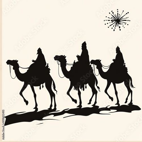 Three silhouetted figures on camels ride against a light background, evoking a sense of journey.