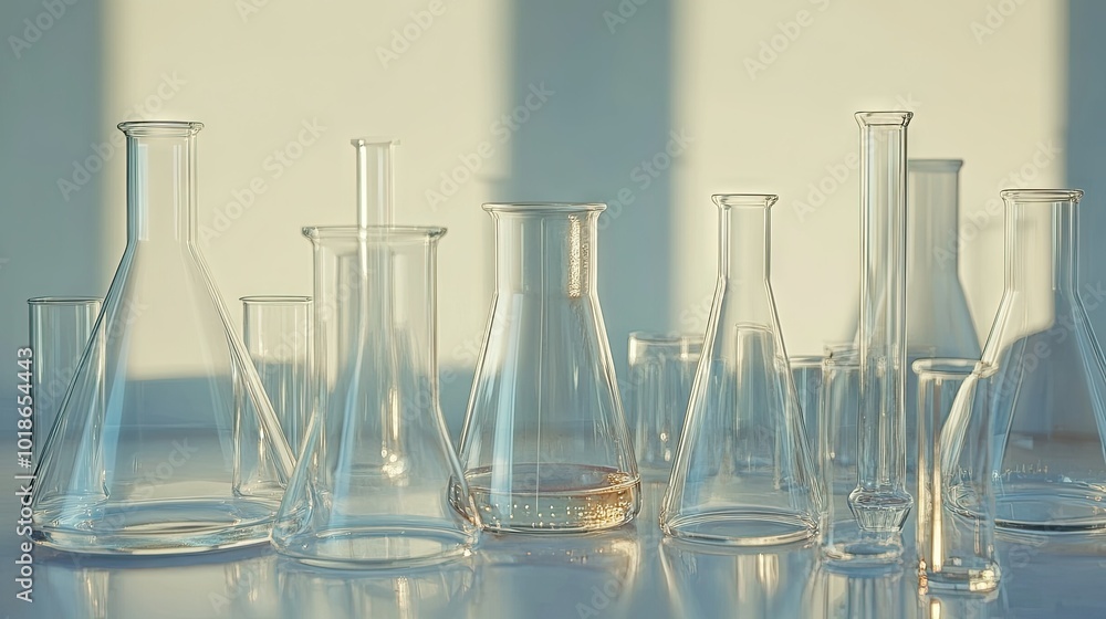 A collection of empty laboratory glassware, including beakers and conical flasks, placed on a shiny surface, with soft natural light highlighting the glass. A collection of empty laboratory glassware, including beakers and conical flasks, placed on a shiny surface, with soft natural light highlighting the glass.
