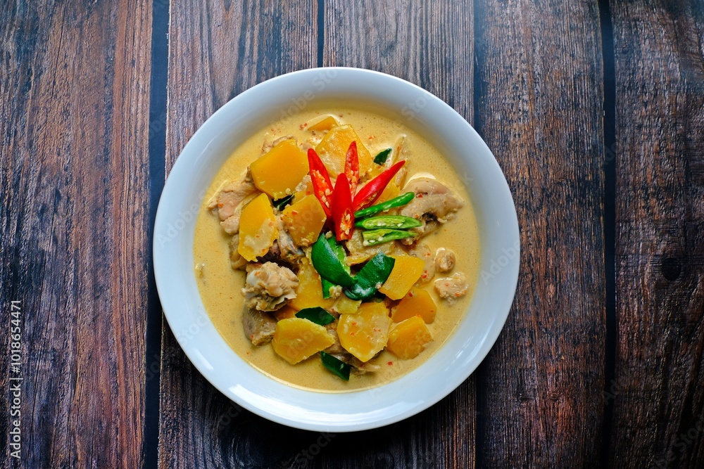 Authentic Thai red chicken curry with pumpkin.