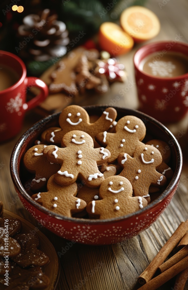 Gingerbread cookies in a festive bowl, surrounded by warm drinks and holiday decor. Gingerbread cookies in a festive bowl, surrounded by warm drinks and holiday decor.