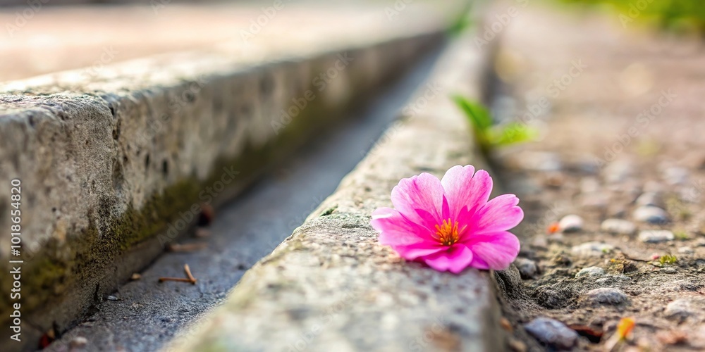 Beautiful pink flowers blooming in a concrete trench with shallow depth of field Beautiful pink flowers blooming in a concrete trench with shallow depth of field