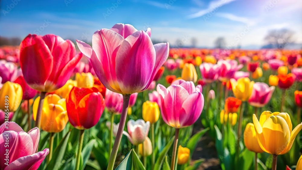 Beautiful pinky red and yellow tulips growing on a flower farm Beautiful pinky red and yellow tulips growing on a flower farm