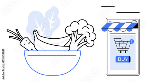 Fresh vegetables and fruits in a bowl next to a digital shopping site display with a buy button. Ideal for online shopping, e-commerce, healthy eating, mobile apps, digital grocery stores. Simple