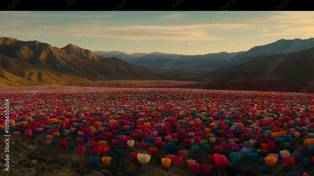 Fototapeta premium Eco-Friendly Solar Farm Blending with Wildflowers and Bees in Serene Rural Landscape