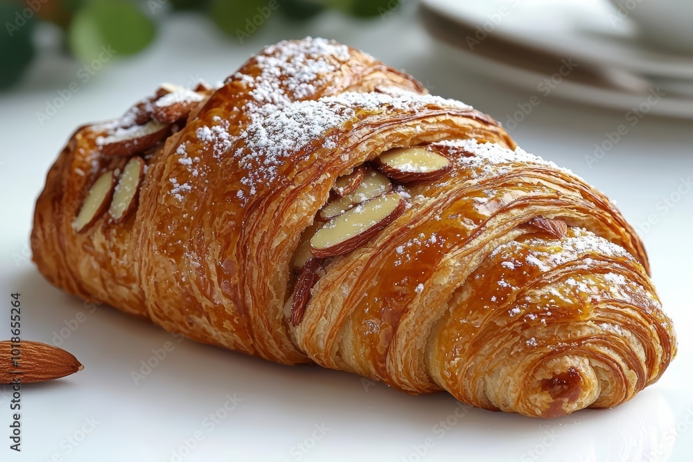 Almond croissant with powdered sugar on white background , free space text, copy space, copy space for text, Almond croissant with powdered sugar on white background , free space text, copy space, copy space for text,
