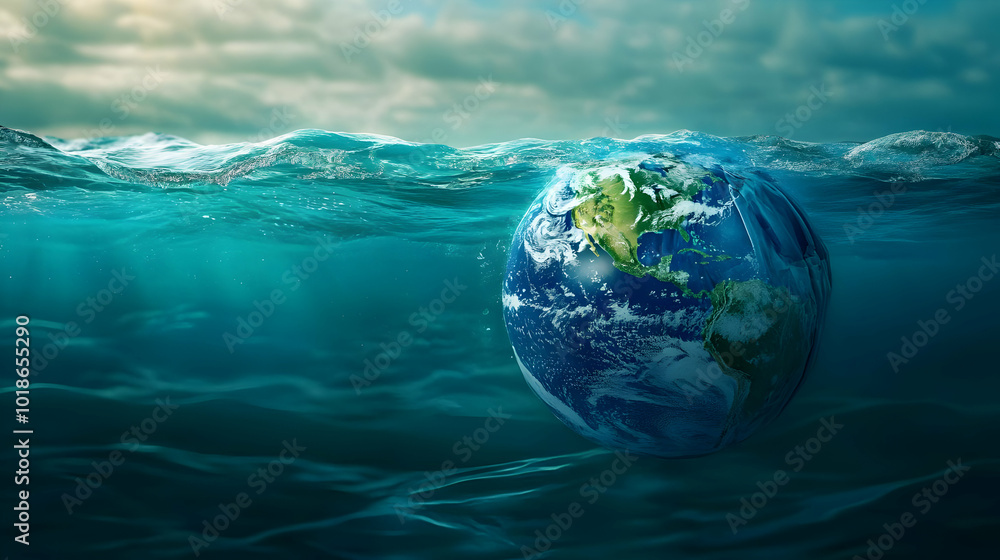 A 3D Illustration of the Earth Partially Submerged in Water with Cloudy Sky Background A 3D Illustration of the Earth Partially Submerged in Water with Cloudy Sky Background