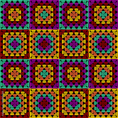 Pattern with crochet granny square with flowers wallpaper handmade decorative art design print 