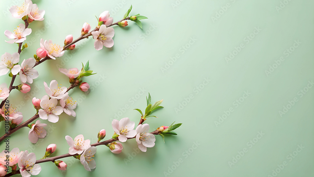 Pale light green background with delicate peach flowers in the lower left corner Pale light green background with delicate peach flowers in the lower left corner