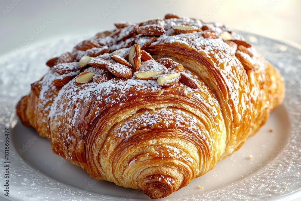 Almond croissant with powdered sugar on white background , free space text, copy space, copy space for text, Almond croissant with powdered sugar on white background , free space text, copy space, copy space for text,
