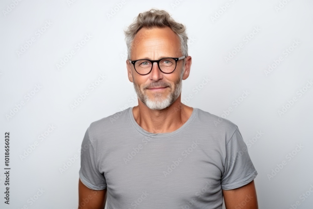 Portrait of a handsome middle-aged man in grey t-shirt and glasses Portrait of a handsome middle-aged man in grey t-shirt and glasses