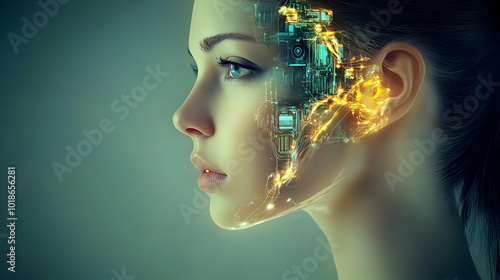 Digital Circuitry Overlays a Woman's Face in a Futuristic Concept Illustration