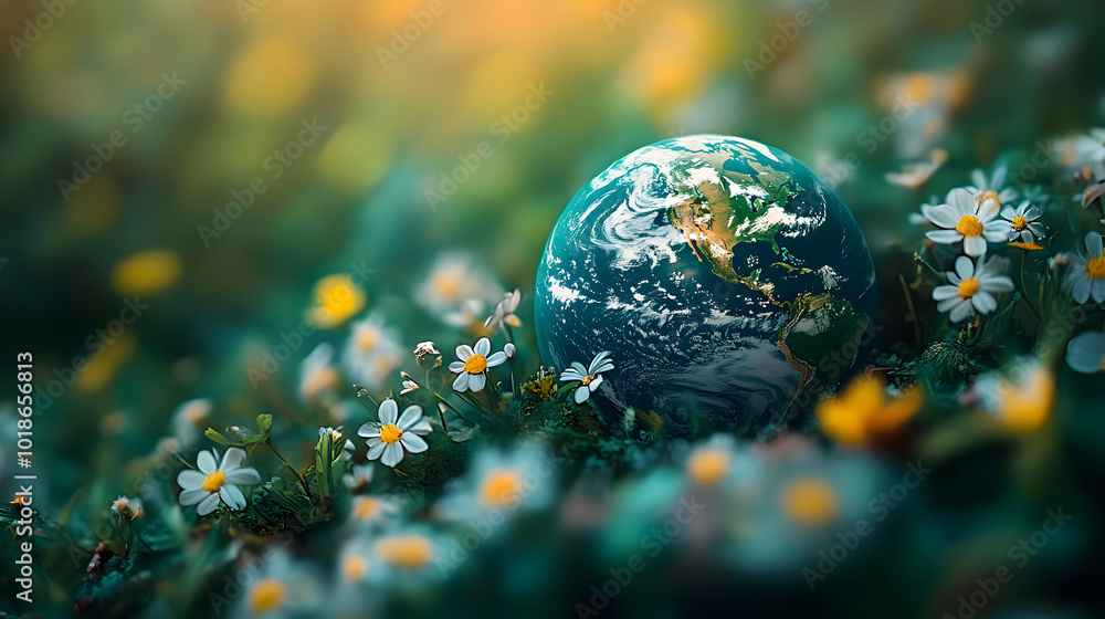 A Miniature Earth Globe Resting Amidst Delicate White Flowers in a Lush Green Field A Miniature Earth Globe Resting Amidst Delicate White Flowers in a Lush Green Field