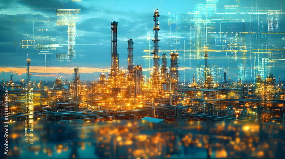 Industrial Plant Illuminated at Night with Data Overlay Illustrating Industry 4.0. Industrial Plant Illuminated at Night with Data Overlay Illustrating Industry 4.0.