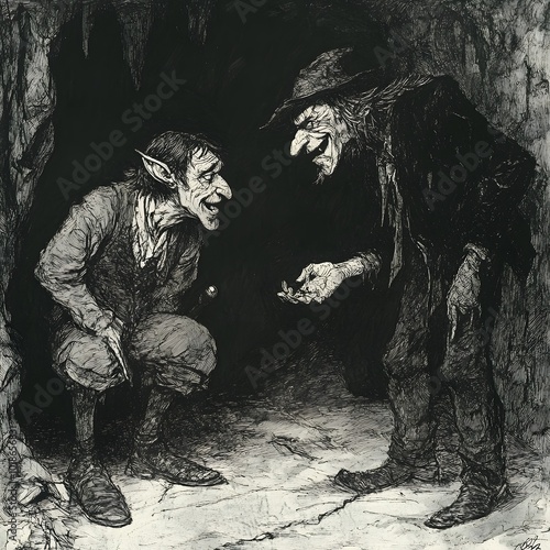 A goblin and a witch stand in a cave, the goblin holding a small object in his hand and the witch holding out her hand in anticipation.