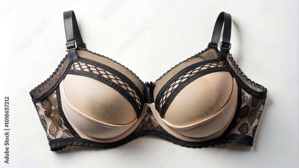 Beige bra with black inserts on a white background Extreme Close-Up