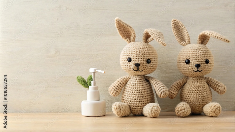 Fototapeta premium Beige Crochet Bunny Dolls With Soap Dispenser Eye Level