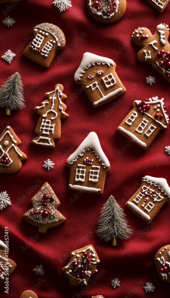 Fototapeta premium Festive gingerbread cookies arranged beautifully on a red background.