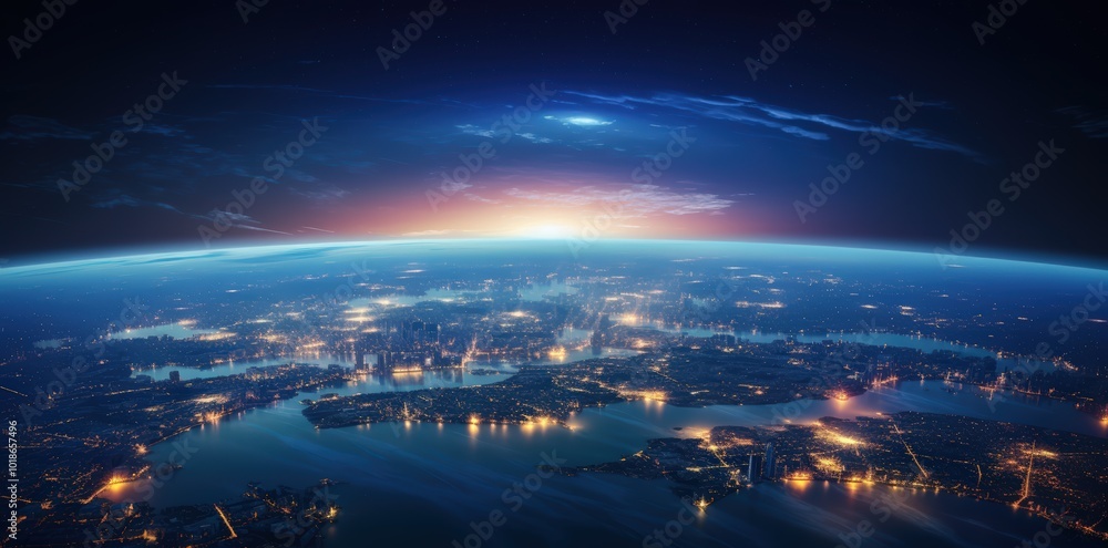 Panoramic view on planet Earth globe from space. Glowing city lights, light clouds Panoramic view on planet Earth globe from space. Glowing city lights, light clouds