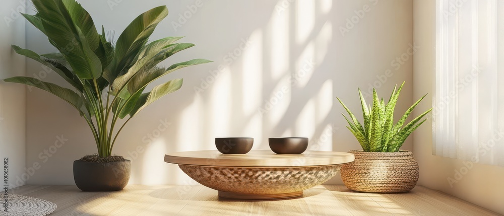 Modern interior scene with plants and bowls on a sunlit wooden table. Modern interior scene with plants and bowls on a sunlit wooden table.