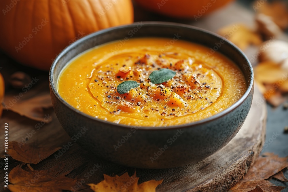 Pumpkin soup with cream, seeds, crackers and cinnamon. Autumn decor on table Pumpkin soup with cream, seeds, crackers and cinnamon. Autumn decor on table