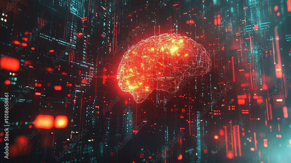 A glowing digital brain in a red and teal cyberspace A glowing digital brain in a red and teal cyberspace