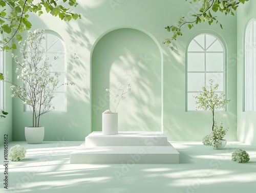 Dramatic 3D studio scene featuring a blank white interior verdant green backdrop