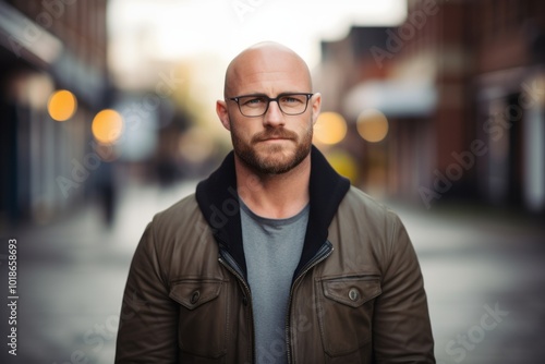 Portrait of a young man with a beard and glasses in the city