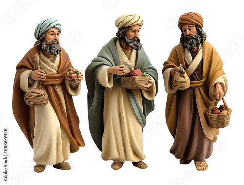 Traditional Santon Figurines of The Three Wise Men Holding Gifts Isolated on Transparent Background