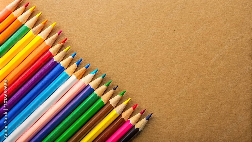 Bird Eye View multi colored pencils on a yellow and brown cardboard Bird Eye View multi colored pencils on a yellow and brown cardboard