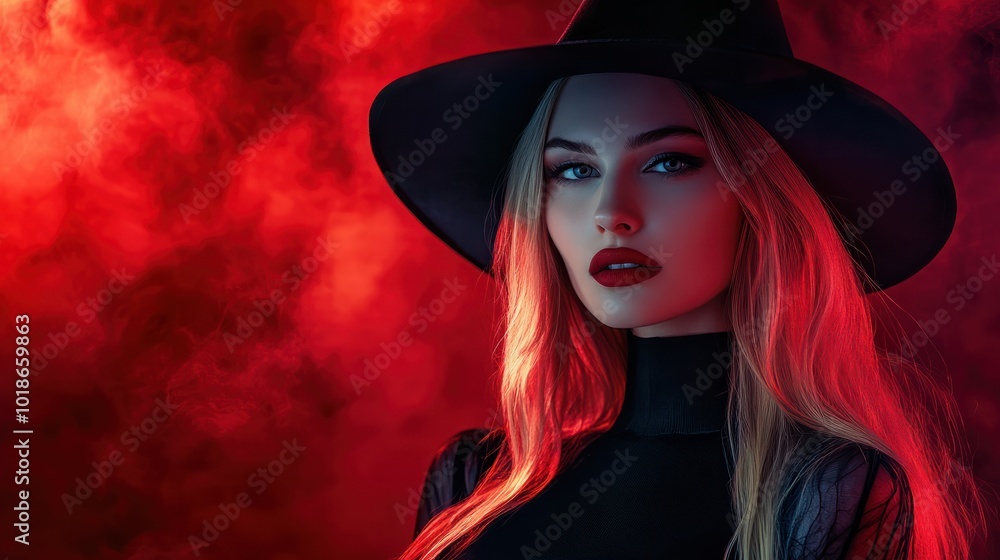 Young woman in black hat on scary red and black background. Attractive caucasian female model. Halloween, black friday, cyber monday, sales, autumn concept. Flyer for your ad. Get up to 50 off. Young woman in black hat on scary red and black background. Attractive caucasian female model. Halloween, black friday, cyber monday, sales, autumn concept. Flyer for your ad. Get up to 50 off.