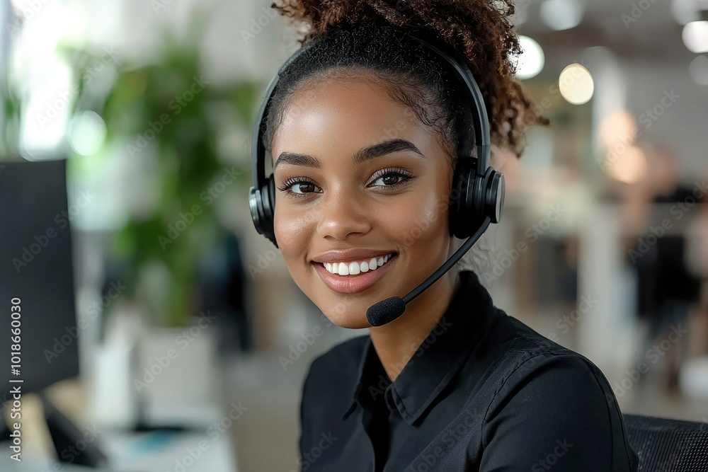 Portrait of a Smiling Woman Wearing a Headset in an Office Setting Portrait of a Smiling Woman Wearing a Headset in an Office Setting