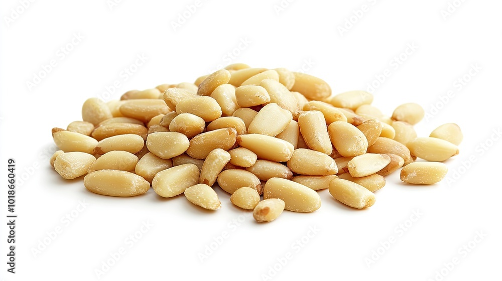 A handful of pine nuts in a neat cluster on a white background, showcasing their natural simplicity. A handful of pine nuts in a neat cluster on a white background, showcasing their natural simplicity.