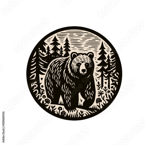 Beautiful outdoor bear in forest handdrawn vintage vector illustration