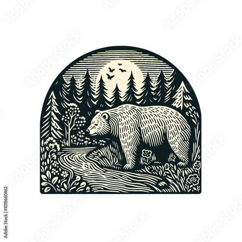 Beautiful outdoor bear in forest handdrawn vintage vector illustration