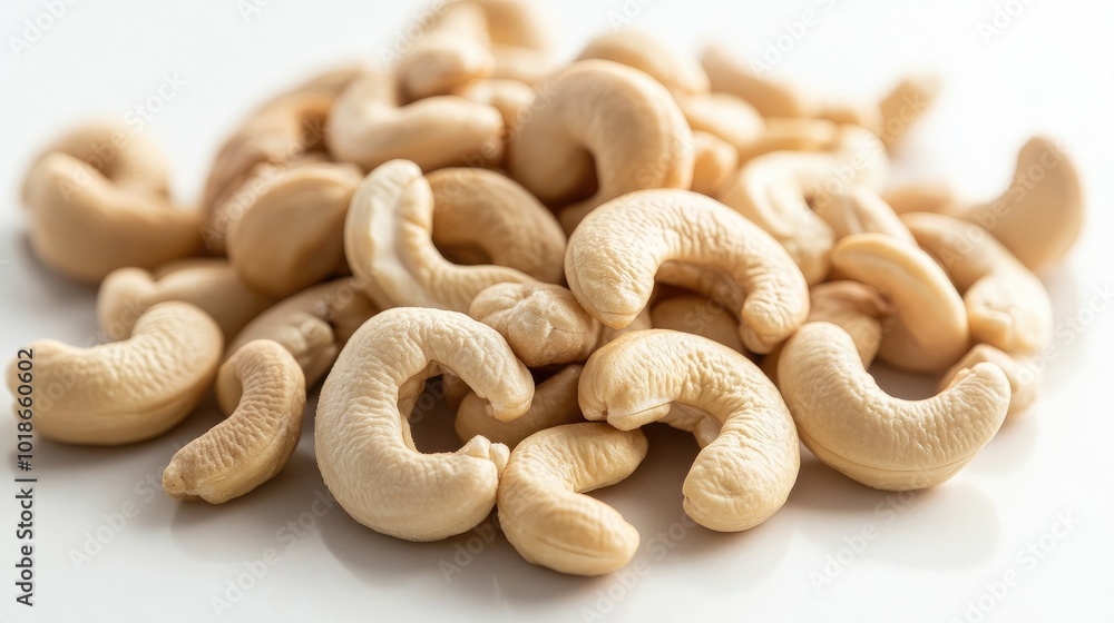 A handful of raw cashews spread out on a bright white surface, emphasizing their soft curves and natural color. A handful of raw cashews spread out on a bright white surface, emphasizing their soft curves and natural color.