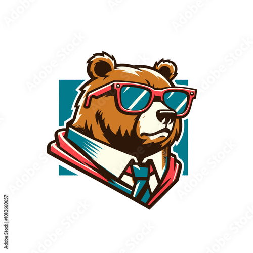 Cool cartoon funny bear in glasses. Positive vibes. Isolated vector illustration