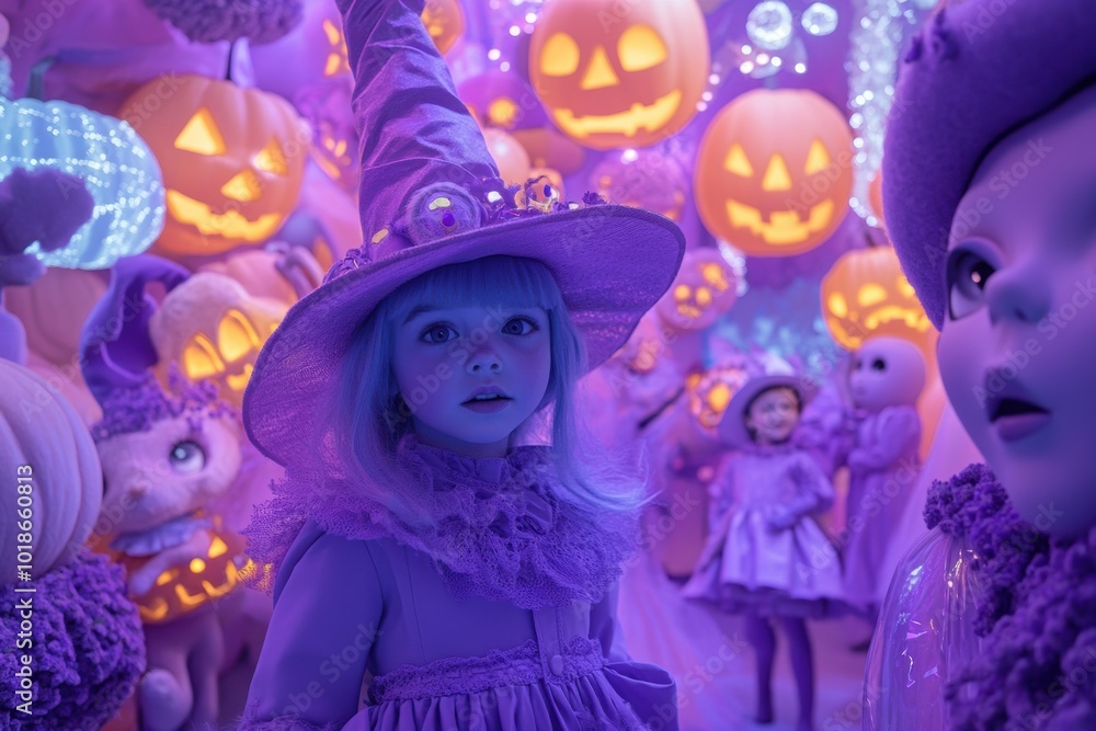 Charming Halloween costume parade featuring enchanting purple witches and glowing pumpkins Charming Halloween costume parade featuring enchanting purple witches and glowing pumpkins
