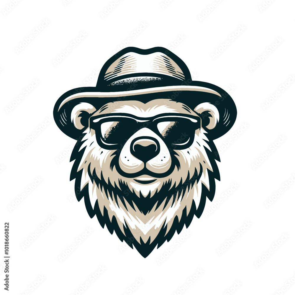 Naklejka premium Cool modern bear in hat with glasses. isolated vector illustration.