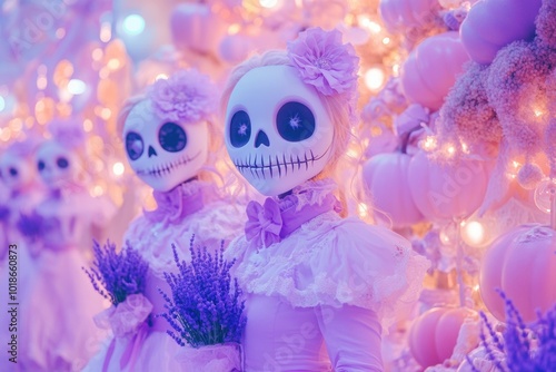 Charming Halloween costume parade with enchanting skeleton figures in a whimsical setting