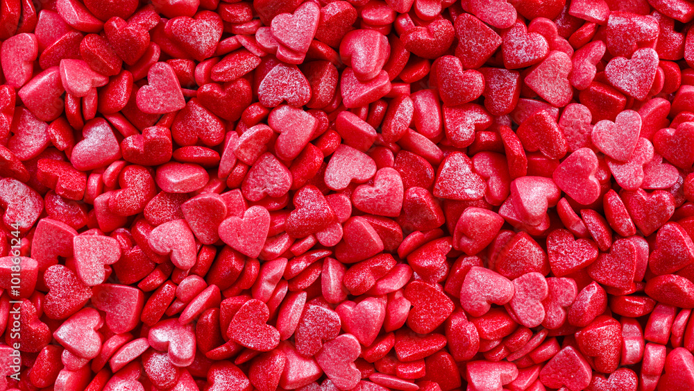 Background of little red and pink hearts.Close-up mini hearts candy.Varied sugar sprinkles, stars, flowers,hearts, dots.Toppings for desserts and ice cream. Background of little red and pink hearts.Close-up mini hearts candy.Varied sugar sprinkles, stars, flowers,hearts, dots.Toppings for desserts and ice cream.