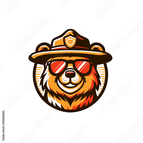 Californian bear with glasses in the ranger hat modern vector illustration