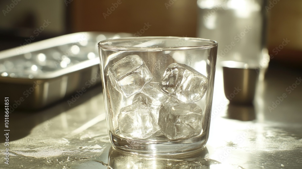 A creative shot of uniquely shaped ice cubes in a clear glass, reflecting the sunlight, with an ice cube tray in the background to emphasize the fun of making custom ice shapes. A creative shot of uniquely shaped ice cubes in a clear glass, reflecting the sunlight, with an ice cube tray in the background to emphasize the fun of making custom ice shapes.