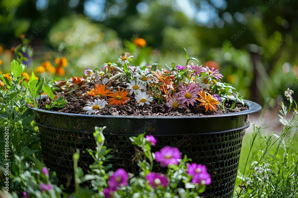 Colorful Flowers in a Black Planter Pot Colorful Flowers in a Black Planter Pot