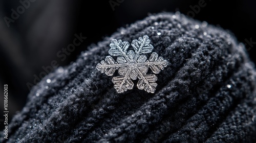 A detailed look at a single natural snowflake on a person's glove, its crystal design in perfect focus against the dark, textured fabric.