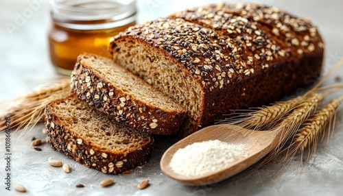 Rye bread with seeds spelt grain wheat ears and flour on wooden spoon isolated , free space text, copy space, copy space for text,