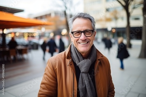 Portrait of a happy senior man with eyeglasses in the city