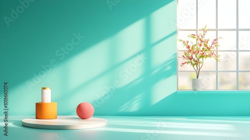 Turquoise 3D studio room with empty floor and wall product podium shadow overlay from window to countertop and sunlight mockup Minimalist modern and contemporary design for advertisement presentation