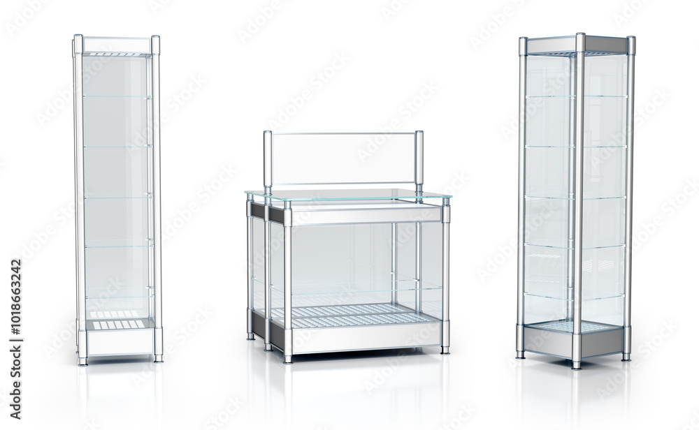 Metal glass tower display cabinet and showcase with topper. 3d illustration set on white background Metal glass tower display cabinet and showcase with topper. 3d illustration set on white background