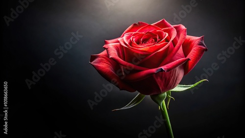 Bird's eye view of a red rose with dramatic lighting on a black background postcard