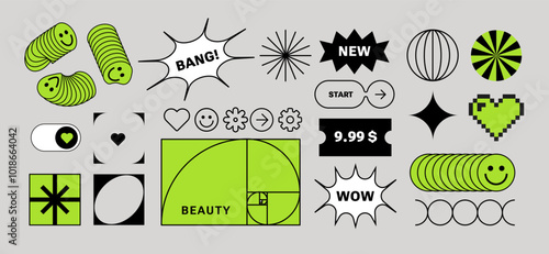 Retro Futuristic stickers. Simple shapes, acid emoji, golden ratio, comics balloon. Concept Elements. Brutalist style. Minimalism aesthetic for web, poster, brochure, social media. Cyber aesthetic